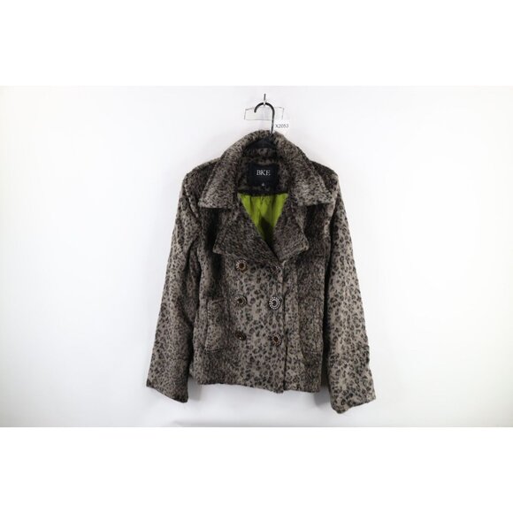Buckle BKE Womens Medium Faux Fur Double Breasted Peacoat Jacket Leopard Print - Picture 1 of 14